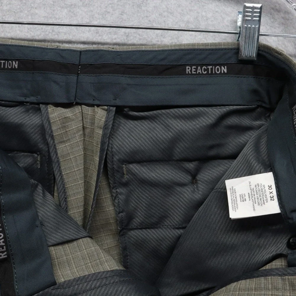 Kenneth Cole Reaction Pants Mens 30x32 Dress Suit Formal Flat Front Taupe Plaid‎